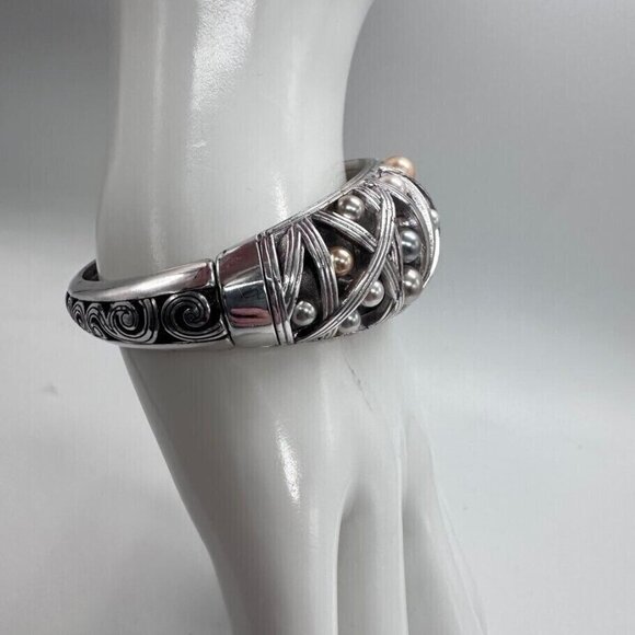 Brighton Bracelet Hinged Silver Tone Imitation Pearls Cuff Magnetic Closure - Picture 14 of 14